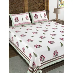 BLOCKS OF INDIA White & Green Ethnic Motifs Cotton 210 TC King Bedsheet & 2 Pillow Covers-picture-20