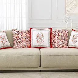 BLOCKS OF INDIA Hand Block Printed Cotton Linen Cushion Cover (16 X 16 Inches) (Red Motifs), 250 TC-picture-12
