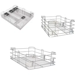 bloo basket Utensil Kitchen Rack Stainless Steel Modular Kitchen Basket Accessories cabinets Multipurpose drawer Wired 6" Plain,4" Cutlery,8" Thali (16 Inch Width * 20 Inch Depth) set of 3 Steel-picture-21