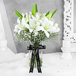 Blooming Asiatic Lilies In Black Ribbon Tied Vase-picture-13