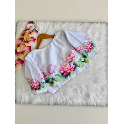 Blouseji Lotus Women Floral Printed Boat Neck with Embellished Saree Blouse-image-13