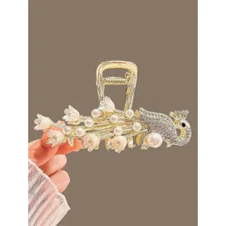 Blubby Peacock Shaped Pearl Studded Claw Clip-picture-37