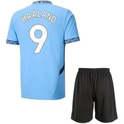 Blue Football Team Half Sleeve Sports Haaland 9 Jersey 2025/26 with Black Shorts for Mens & Boys-picture-29
