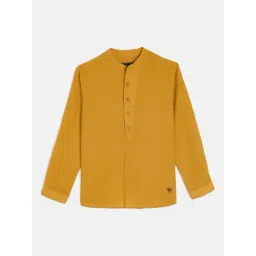 Blue Giraffe Boys Band Collar Solid Linen Casual Mustard Shirt-picture-25