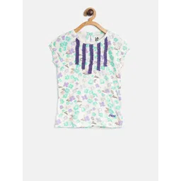 Blue Giraffe Girls Off-White & Green Floral Print Pure Cotton Top-picture-17