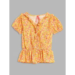 Blue Giraffe Girls Yellow Floral Print Tie-Up Neck Cinched Waist Cotton Top-picture-16