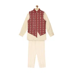 Blue Giraffe Kids Beige Printed Kurta & Trousers Set With Waist Coat-picture-24
