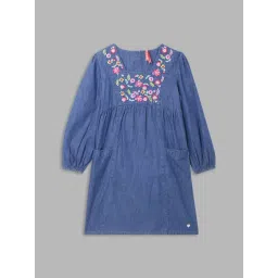 Blue Giraffe Kids Blue Cotton Embroidered Full Sleeves Dress-picture-30