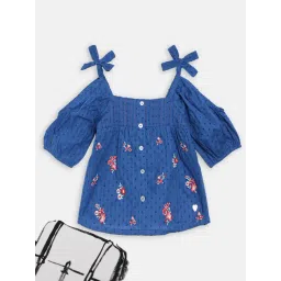 Blue Giraffe Kids Blue Cotton Embroidered Top-picture-48