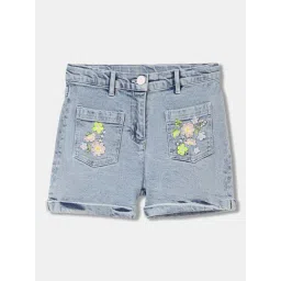 Blue Giraffe Kids Ice Blue Cotton Embroidered Shorts-picture-28