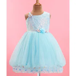 Bluebell Net Woven One Shoulder Sleeves Shimmered Balloon Party Frock with Floral Applique - Sky Blue-picture-13