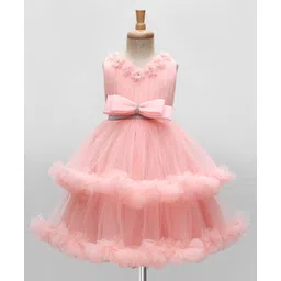 Bluebell Net Woven Sleeveless Layered Party Dress With Bow & Floral Applique - Peach-picture-12