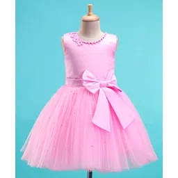 Bluebell Sleeveless Party Frock With Pearl Detailing & Bow Applique- Pink-picture-26
