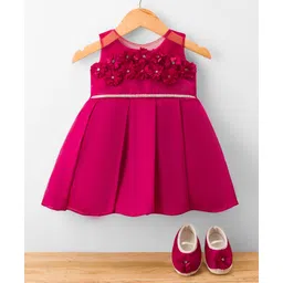 Bluebell Tissue Woven Sleeveless Party Frock With Floral Corsage & Booties - Wine-picture-25