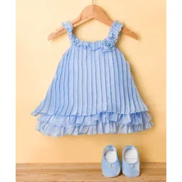 Bluebell Tissue Woven Sleeveless Pleated Frock & Booties with Floral Applique - Light Blue-picture-11