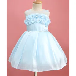 Bluebell Woven Sleeveless Solid Coloured Tissue Frock With Floral Corsages - Light Blue-picture-25
