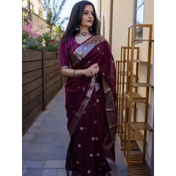 BlueRang Floral Woven Design Zari Jacquard Cotton Banarasi Saree-picture-17