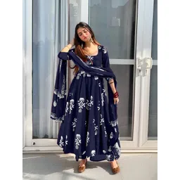 BlueRang Printed Square Neck Thread Work Anarkali Kurta With Trousers & Dupatta-picture-39