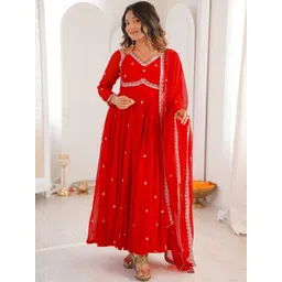 BlueRang Women Ethnic Motifs Embroidered Panelled Thread Work Kurta with Trousers & With Dupatta-picture-26