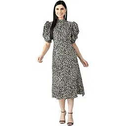 blushia Women Beige & Black Animal Print Midi Wrap Dress | Mandarin Collar Dress-picture-40