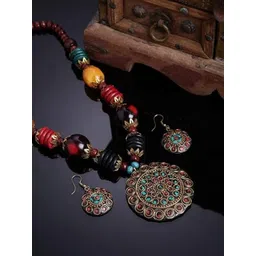 bmino Latest traditional oxidised silver necklace jewellery set-picture-30