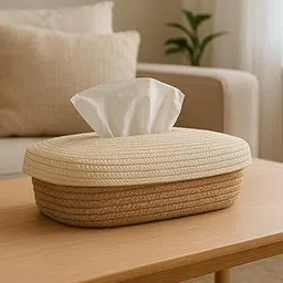 BOBBINY Cotton Tissue Box Holder | Rectangular Facial Tissue Box Holder | Tissue Dispenser for Home/Office/Car (28X16X8 Cm, Off White) (Design-5, Rectangle)-picture-30