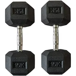 Body Maxx Hex Fixed Dumbbells 15 kg Pair, Rubber Dumbbell Set 15kg, Black Rubber Coated Dumbbells with Steel Grip Home Gym Fitness-picture-27