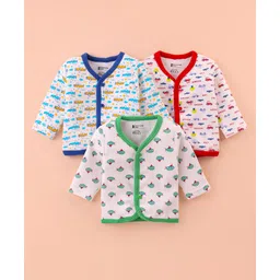 Bodycare Cotton Knit Full Sleeves Anti Bacterial  Front Open Jhablas with Car Submarine & Aeroplane Print Pack of 3 - White-picture-26