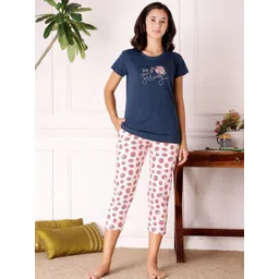 Bodycare Women Typography Printed Round Neck Pure Cotton T-shirt & Capris Night suit image 1