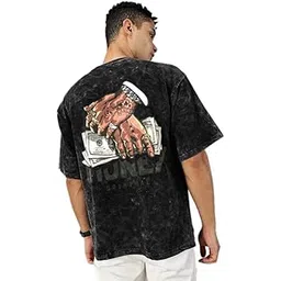 boffi ... Bee-Fits Cotton Dollar Money Printed Unisex Half Sleeve Dye Wash Oversized Tshirt for Men Drop Shoulder Round Neck Black Pack of 1-picture-14