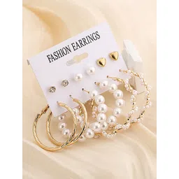 Bohey by KARATCART Gold Plated Set Of 6 Pearl Beaded Studs & Hoop Earrings-picture-14