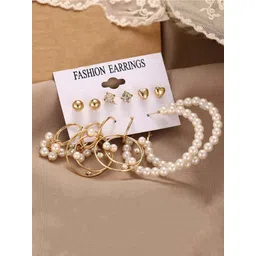 Bohey by KARATCART Set Of 6 Gold-Plated Stone-Studded and Beaded Hoop & Studs Earrings-picture-14