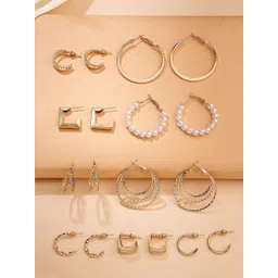 Bohey by KARATCART Set Of 9 Gold-Plated Artificial Stone And Beaded Circular Hoop Earrings-picture-31