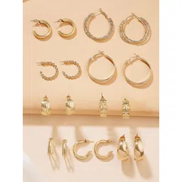 Bohey by KARATCART Set Of 9 Gold-Plated Semi Circular Shaped Half Hoop Earrings-picture-11