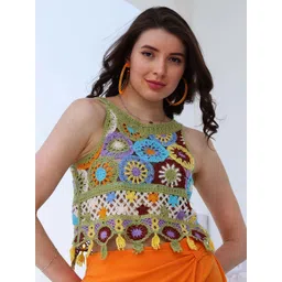 Boho By Athena Floral Print Fringed Cotton Fitted Crop Top-picture-34