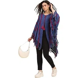 boho girl Poncho for Women Ladies Winter Cape Handwoven Mexican Style Blue Self Design Striped Pattern Maroon Pom Pom Detail Relaxed Fit Warm Knit Poncho Cape Shawl Casual Boho Outerwear-picture-16