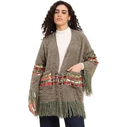 boho girl Women Casual Poncho Open Front Loose Drape Cardigan Olive Green Knitted Sweater Kimono Style Fringed Edges Multi Colored Stripe Hem Winter Cape for Women Warm Wear-picture-31