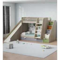 boingg! - a happy start Hop N Slide Bed Oak with Grey Drawers Storage, Ladder, Multicolor Staircase Storage and Slide - Ocean print at the back-picture-40