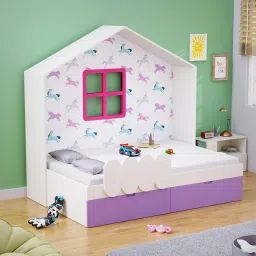 boingg! - a happy start Little Hut Bed 6X3 ( Drawers On Wheels) In White & Purple Colour-picture-36