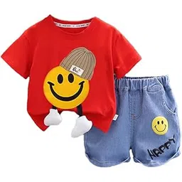 bold n elegant Kid's Playful Happy Face Print Cotton Half Sleeve T-shirt & Denim Shorts Summer Clothing Set for Infant Toddler Boys Girls-picture-10