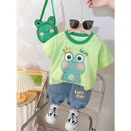 Bold N Elegant Unisex Kids Green Blue Cotton Froggy T-shirt & Denim Shorts with Sling Bag image 2