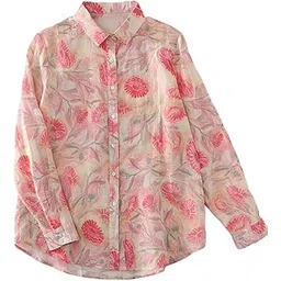 bollyclues Women’s Cotton Floral Button Down Shirt – Lightweight Long Sleeve Casual Blouse, Collared Top with Pink Flower Print-picture-29