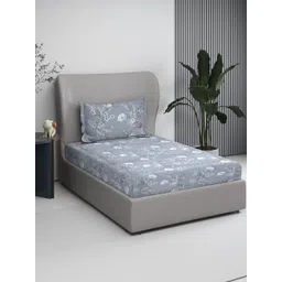 BOMBAY DYEING Grey Floral 120 TC Single Bedsheet with 1 Pillow Covers-picture-25