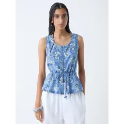 Bombay Paisley by Westside Blue Floral Pattern Cotton Peplum Top-picture-34