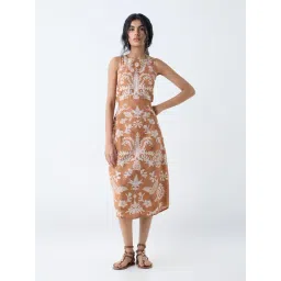 Bombay Paisley by Westside Tan Floral Design Cotton A-Line Dress-picture-20