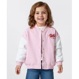 Bonfino 100% Cotton French Terry Knit Full Sleeves Oversized Bomber Jacket with Heart & Rainbow Embroidery - Pink-picture-10