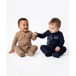 Bonfino 100% Cotton Full Sleeves Footed Sleepsuits With Dino Print Pack Of 2 - Navy Blue & Peach-picture-15