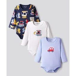 Bonfino 100% Cotton Full Sleeves Vehicles Printed Onesies Pack Of 3 - Navy Blue White & Light Blue-picture-28
