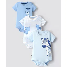 Bonfino 100% Cotton Half Sleeves Onesies With Animal Print Pack Of 3 - Light Blue White & Blue-picture-11
