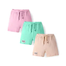 Bonfino 100% Cotton Knit Above Knee Length Printed Shorts with Text Patch Pack of 3 - Pink Green & Tan-picture-22